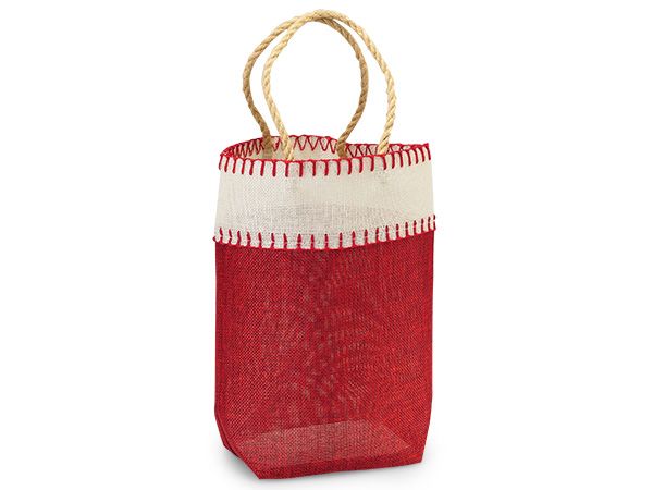 Deep Red Burlap Hessian tote bag gift bag with chocolate stitch and